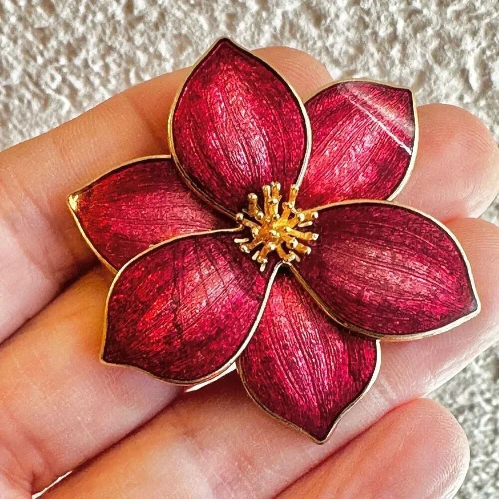 Fish red flower vintage cloisonné brooch